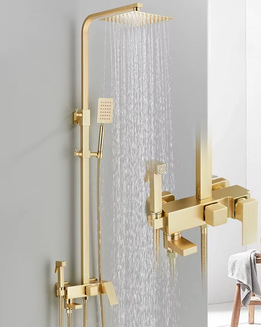 Luxury Brushed Gold Rainfall Shower System with Handheld Spray and Tub Spout