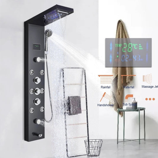 Luxury Matte Black LED Shower Panel System with Digital Temperature Display & Massage Jets